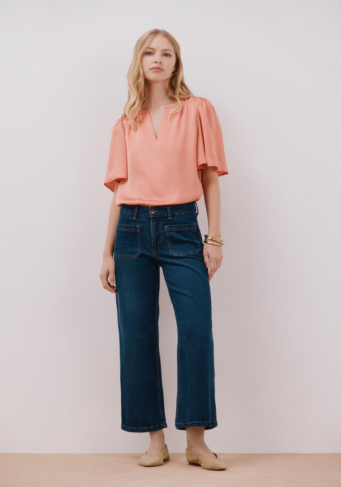 Cortefiel Flared Sleeve Blouse - Coral 4 Shaws Department Stores