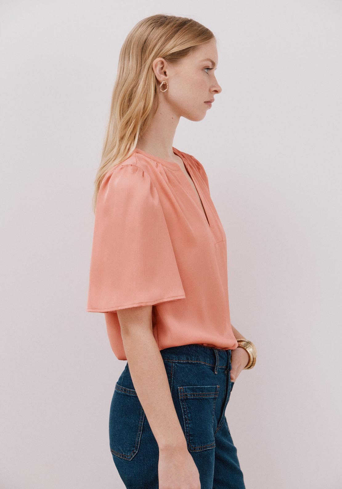 Cortefiel Flared Sleeve Blouse - Coral 3 Shaws Department Stores