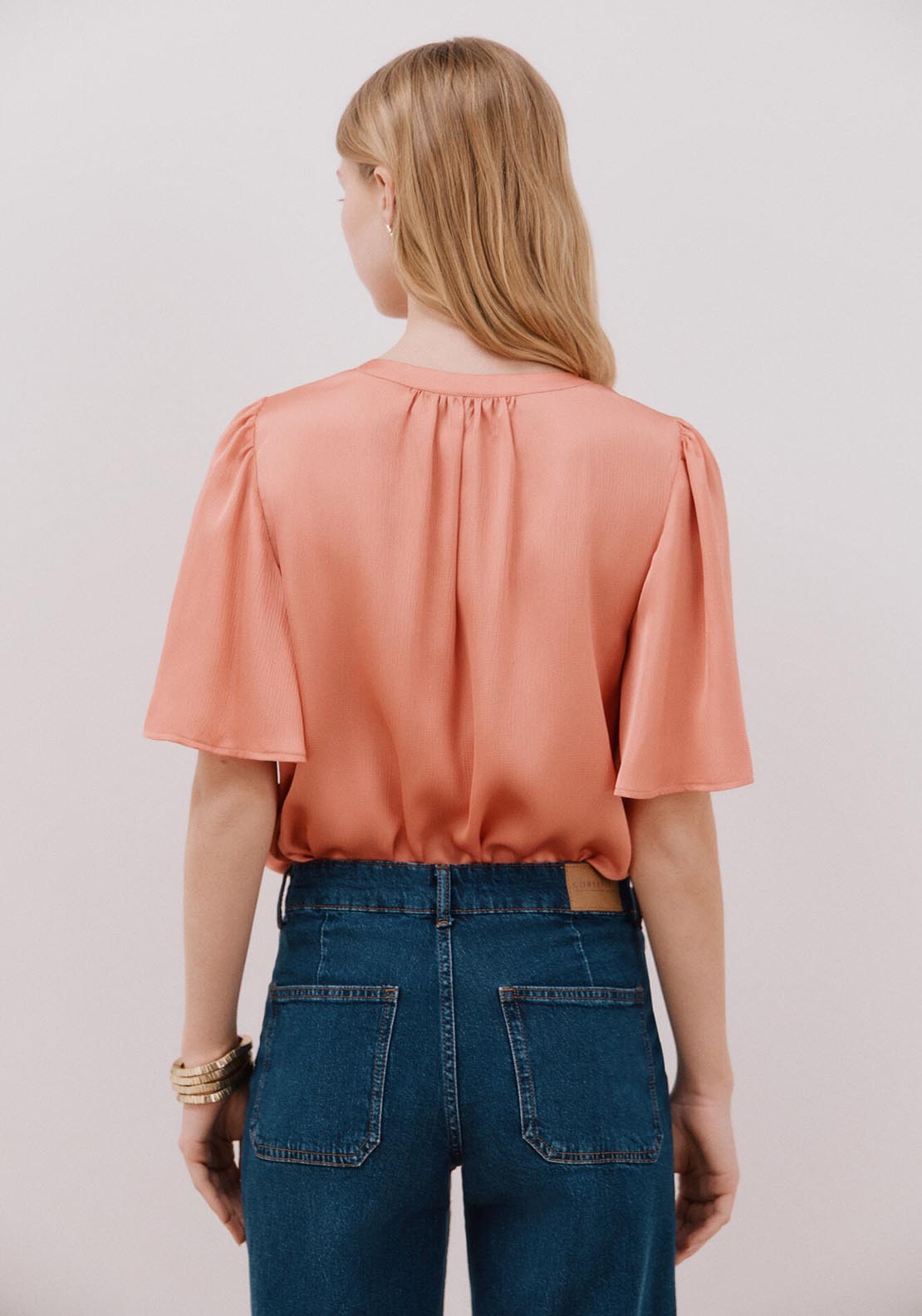 Cortefiel Flared Sleeve Blouse - Coral 2 Shaws Department Stores