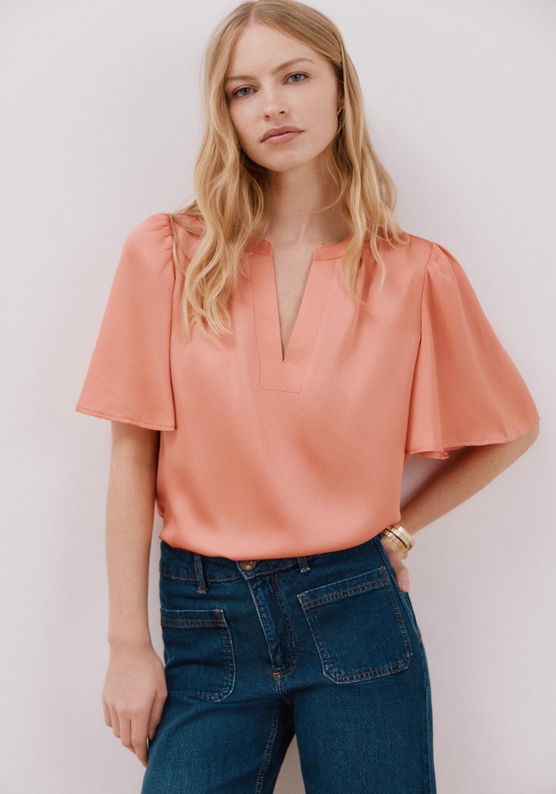 Cortefiel Flared Sleeve Blouse - Coral 1 Shaws Department Stores