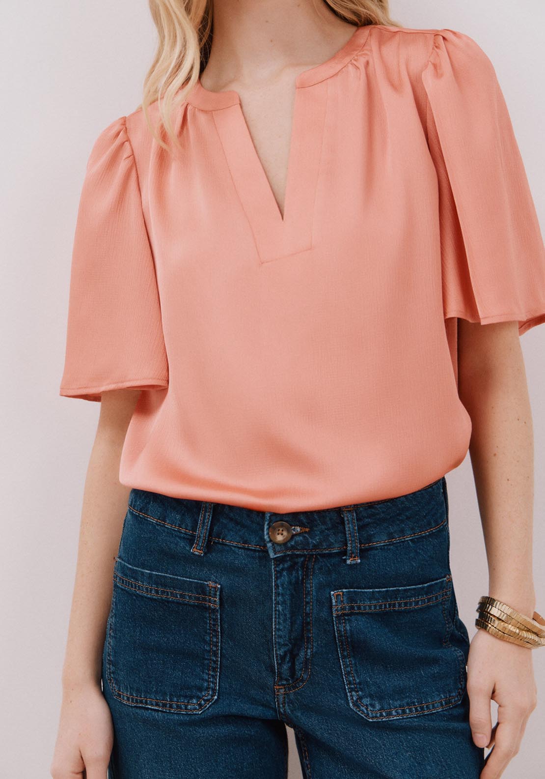 Cortefiel Flared Sleeve Blouse - Coral 5 Shaws Department Stores