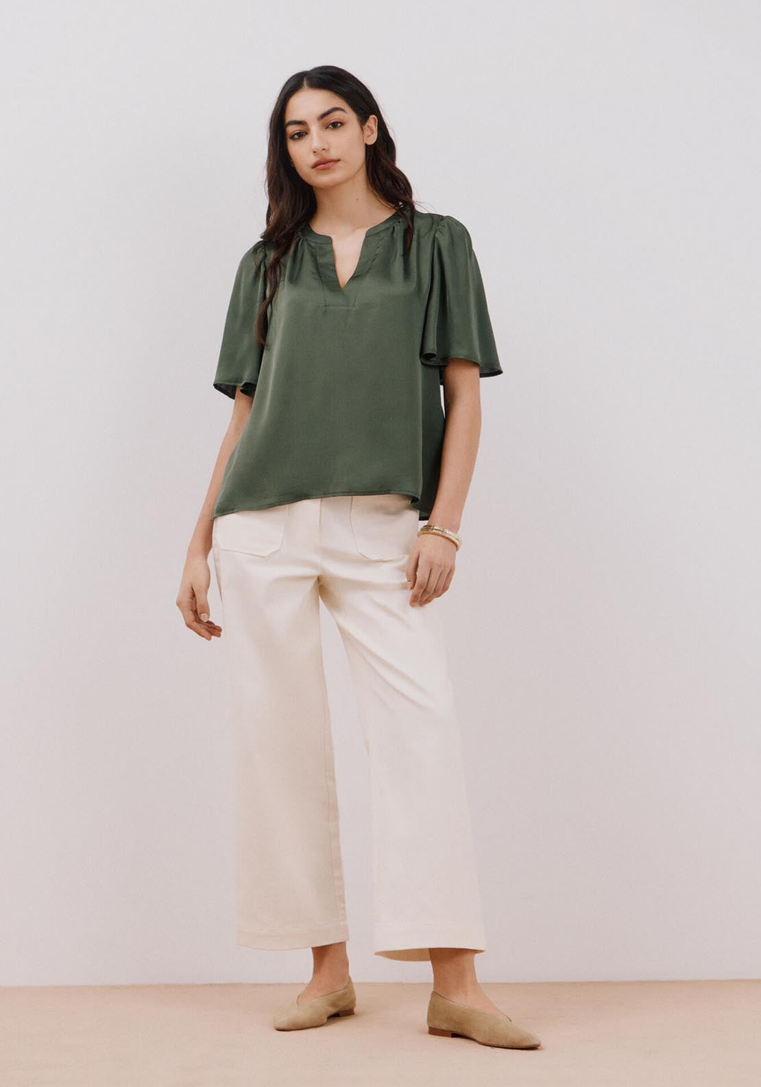 Cortefiel Flared Sleeve Blouse - Light Khaki 5 Shaws Department Stores