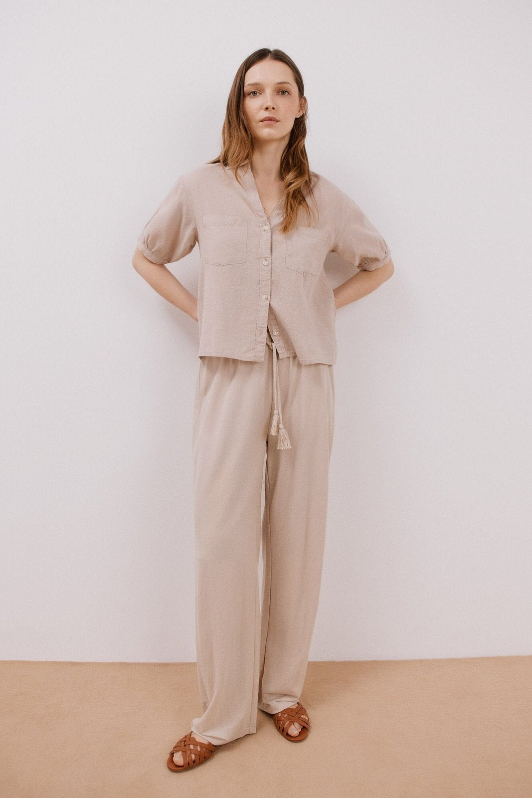 Cortefiel Short Sleeve Shirt With Linen - Sand 1 Shaws Department Stores