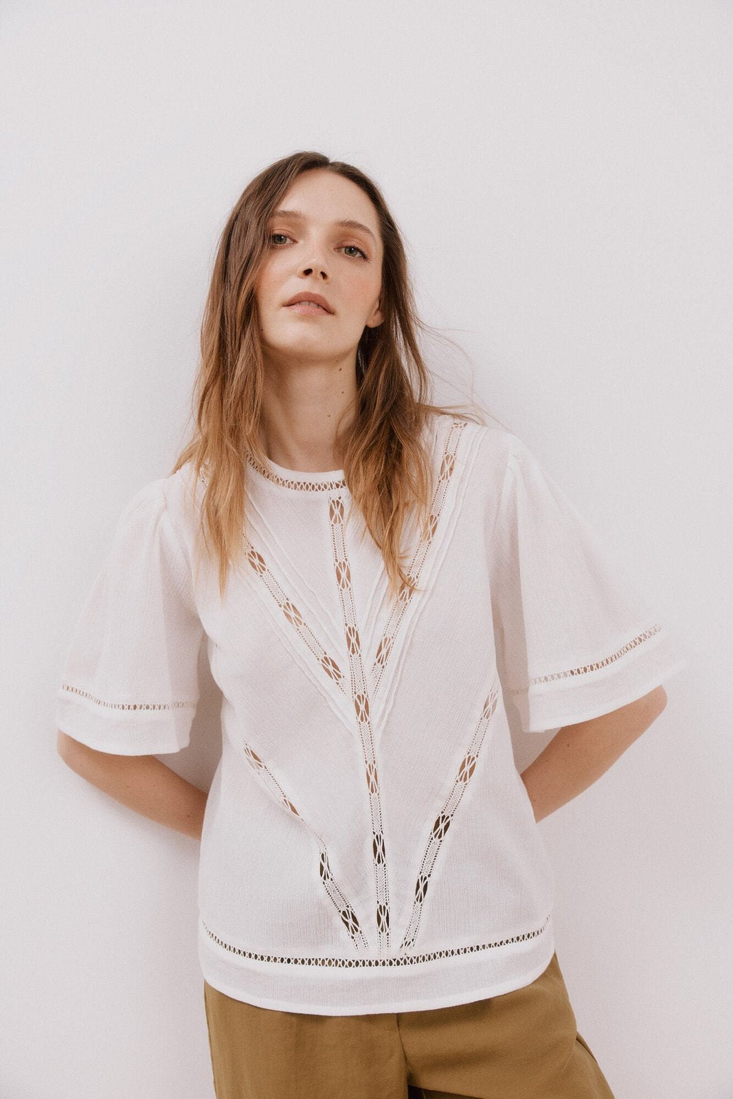 Cortefiel Romantic blouse with entredeux - White 1 Shaws Department Stores