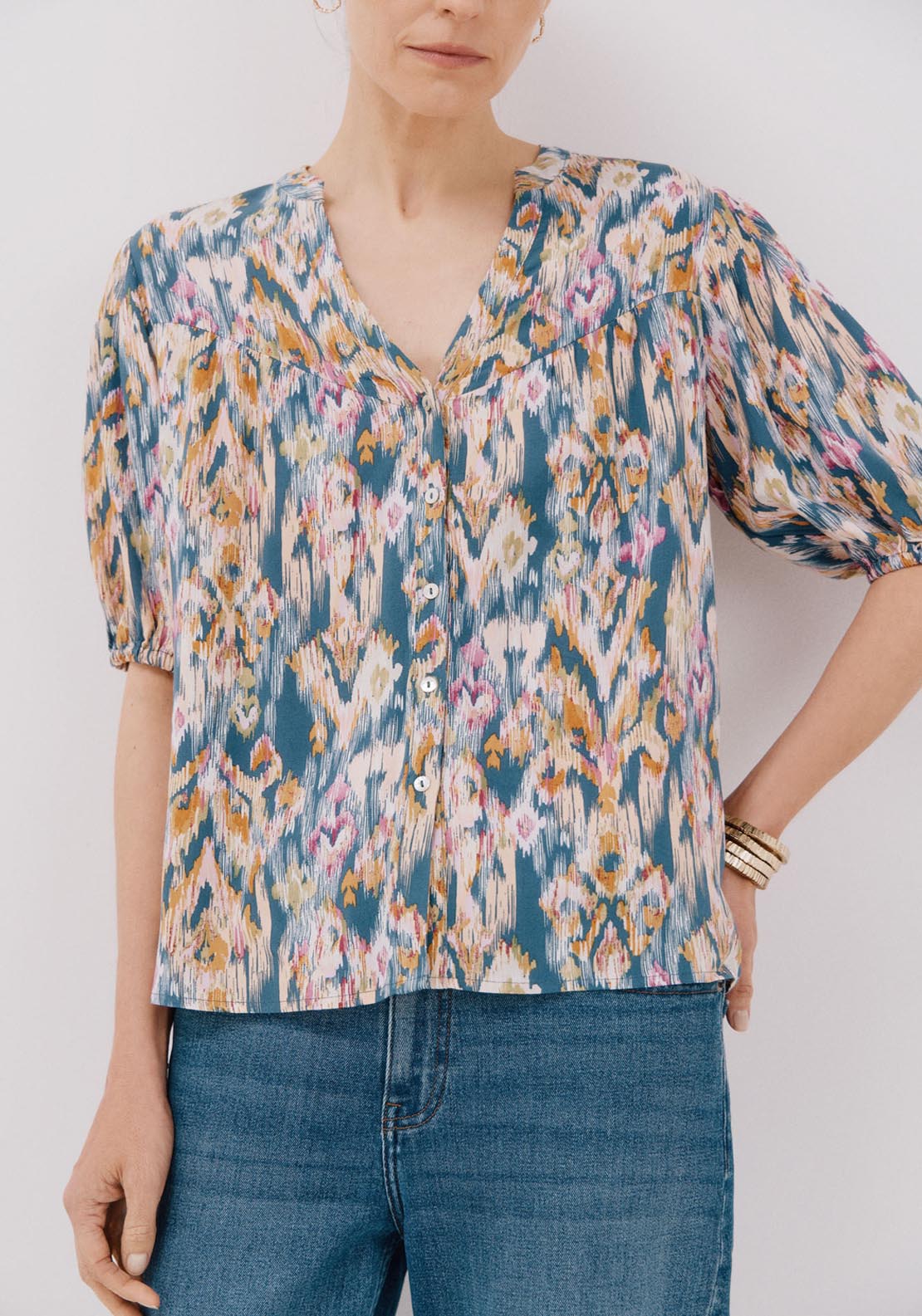 Cortefiel Short-Sleeved Blouse - Blue 1 Shaws Department Stores