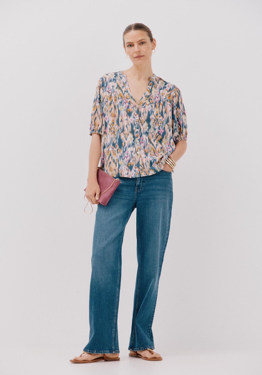 Cortefiel Short-Sleeved Blouse - Blue 4 Shaws Department Stores