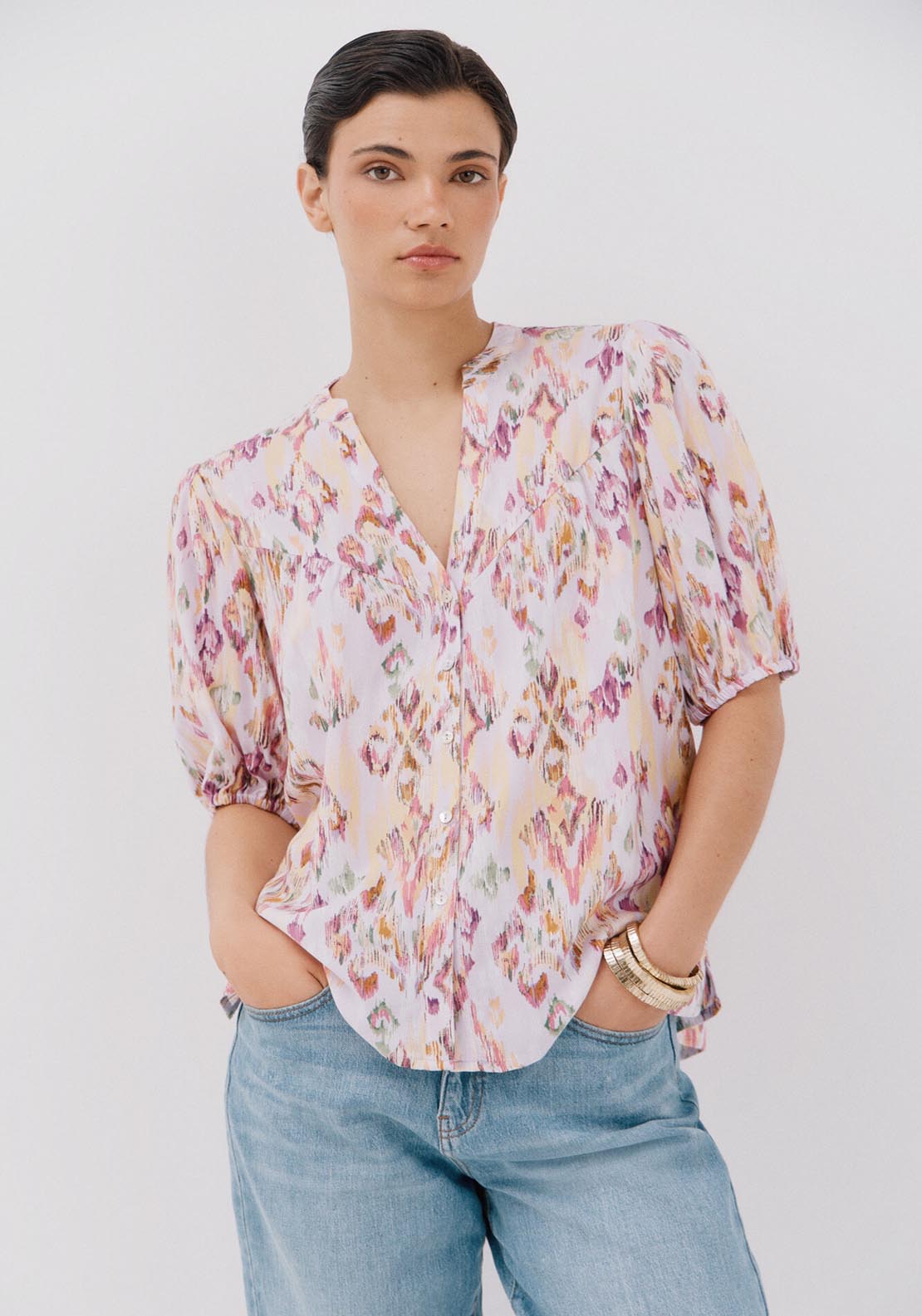 Cortefiel Short-Sleeved Blouse - Multicoloured 1 Shaws Department Stores