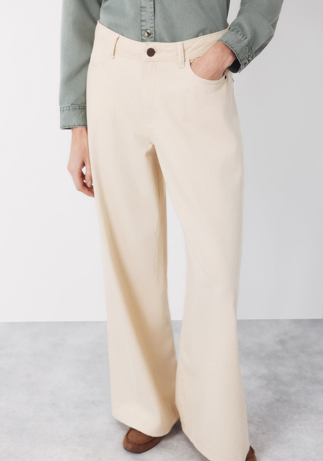 Cortefiel Long Palazzo Jeans - Cream 1 Shaws Department Stores