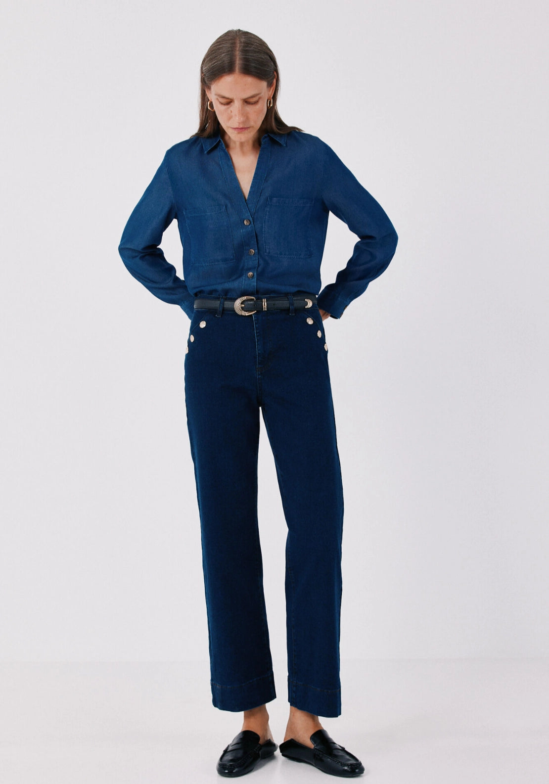 Sailor Style Palazzo Jeans With Buttons - Medium Blue