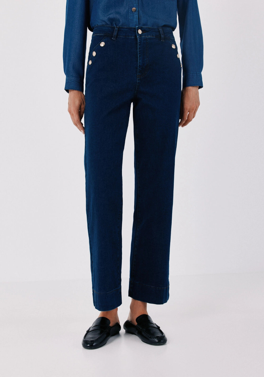 Sailor Style Palazzo Jeans With Buttons - Medium Blue