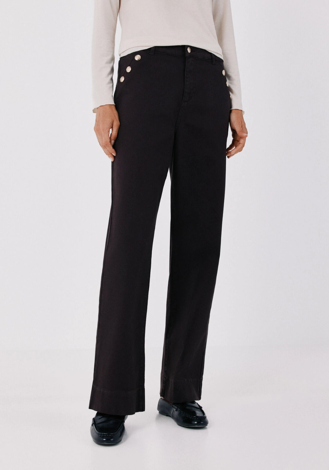 Sailor Style Palazzo Jeans With Buttons - Dark Brown