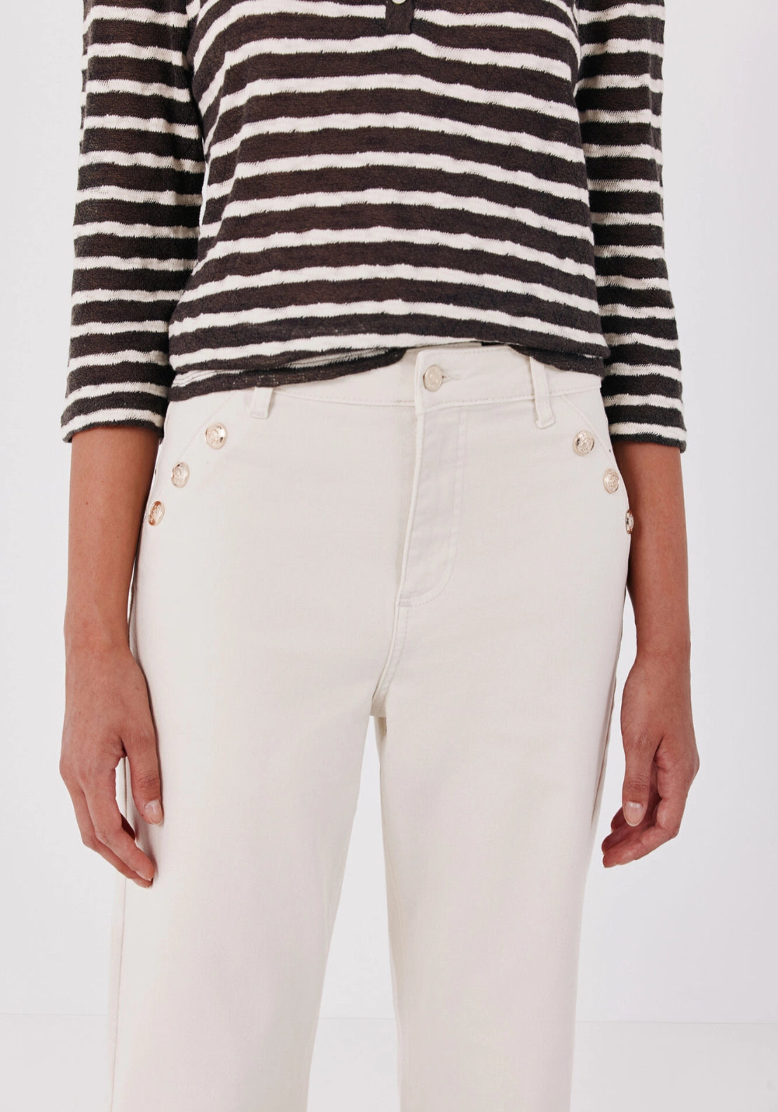 Sailor Style Palazzo Jeans With Buttons - Ivory