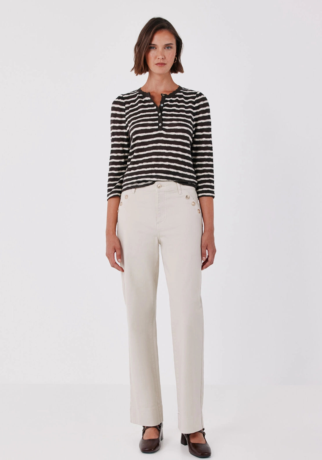 Sailor Style Palazzo Jeans With Buttons - Ivory