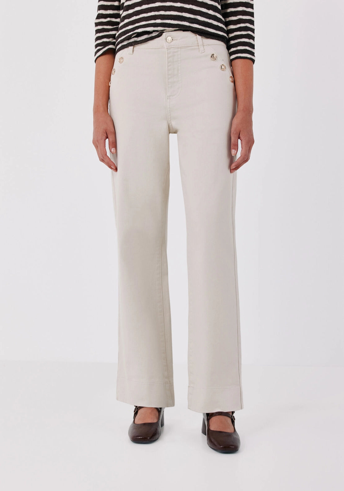 Sailor Style Palazzo Jeans With Buttons - Ivory