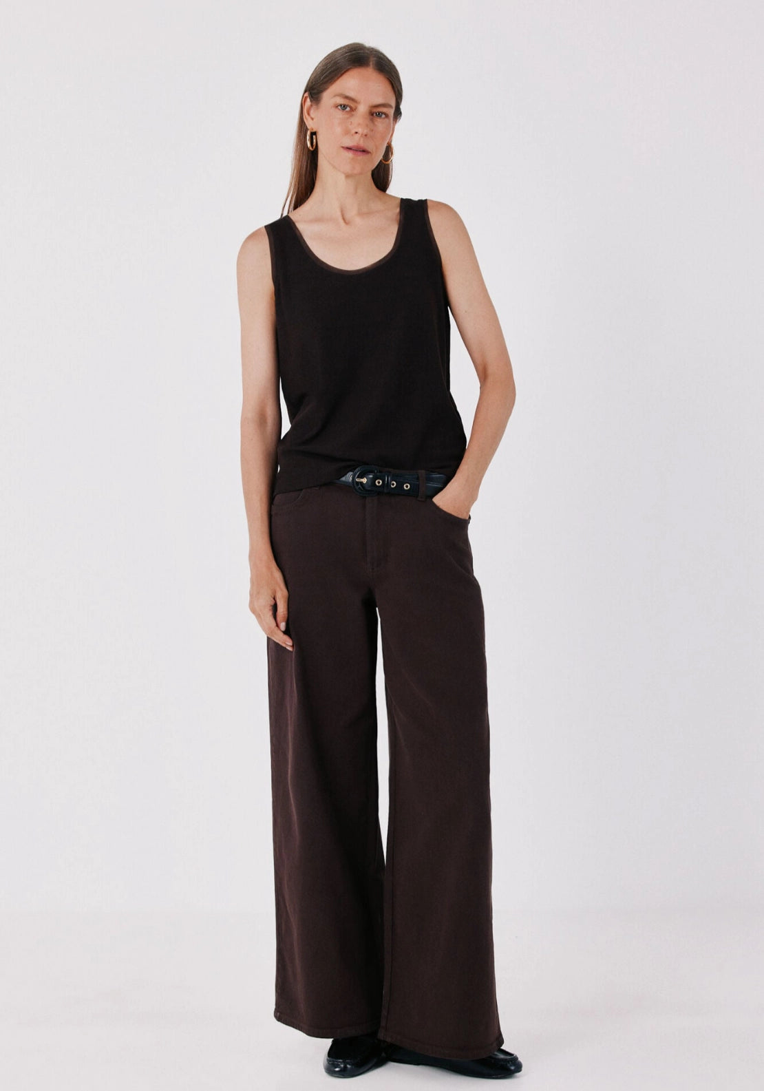 High Rise Long Palazzo Jeans - Dark Brown