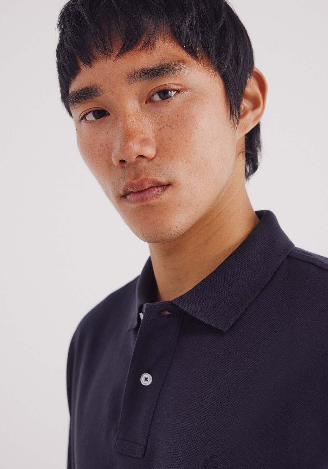Basic Long Sleeve Regular Fit Piqué Polo Shirt - Blue