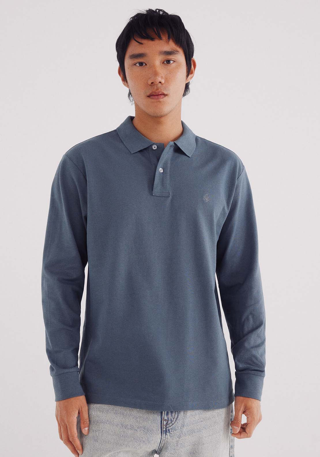 Basic Long Sleeve Regular Fit Piqué Polo Shirt - Blue
