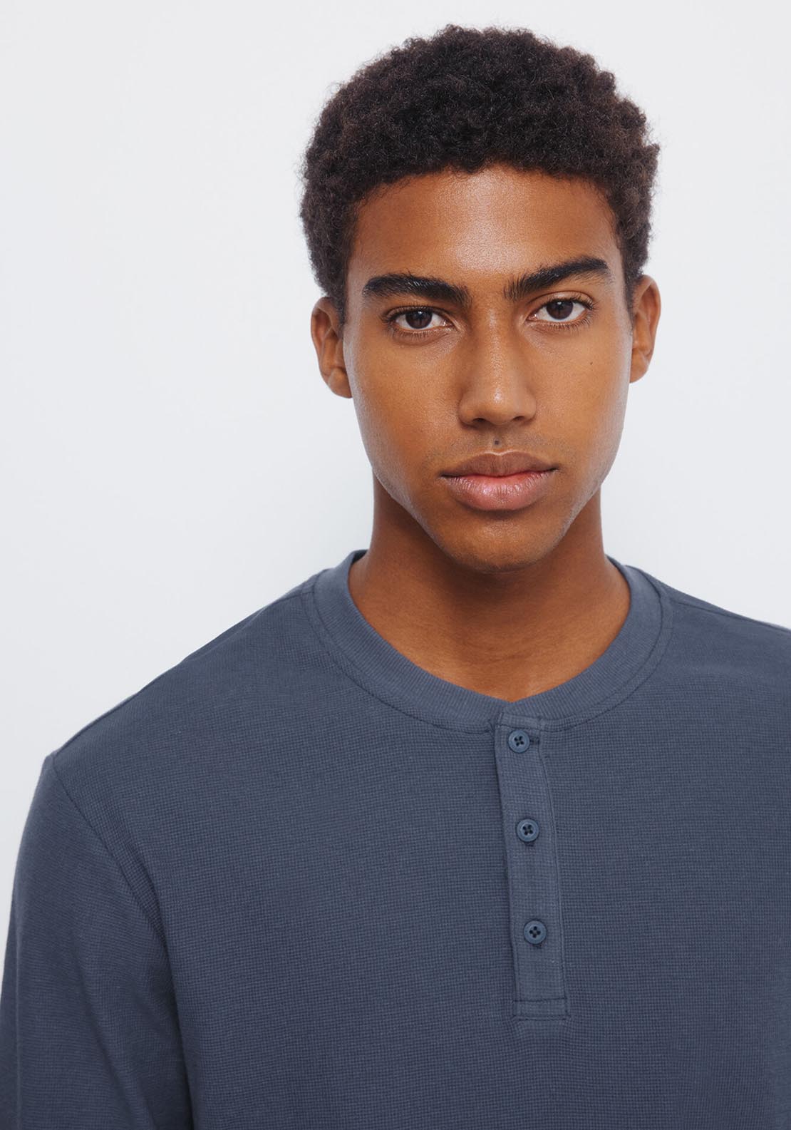 Henley Waffle Long Sleeve T-Shirt - Blue
