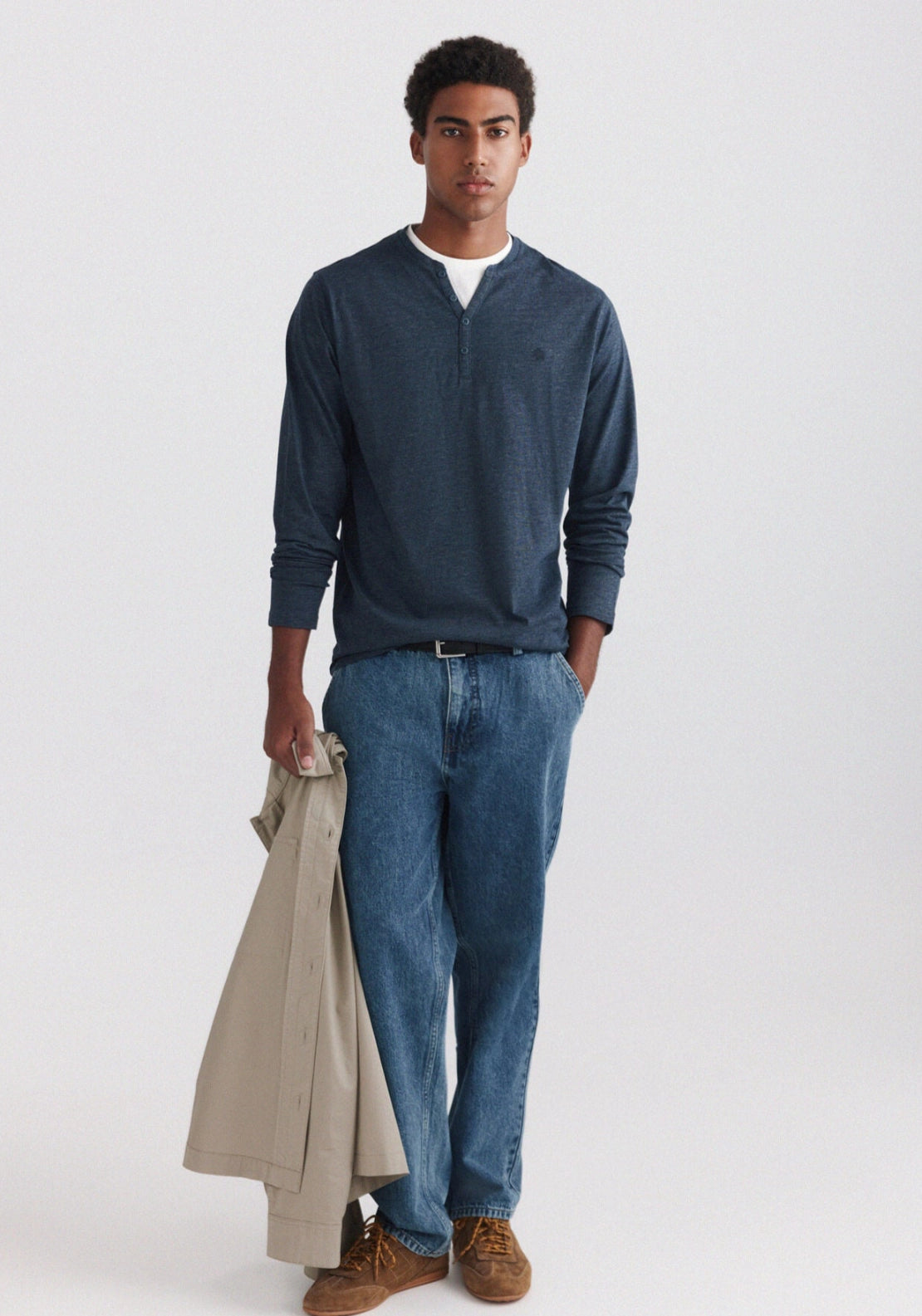 Stripe Mandarin Collar Tee - Blue
