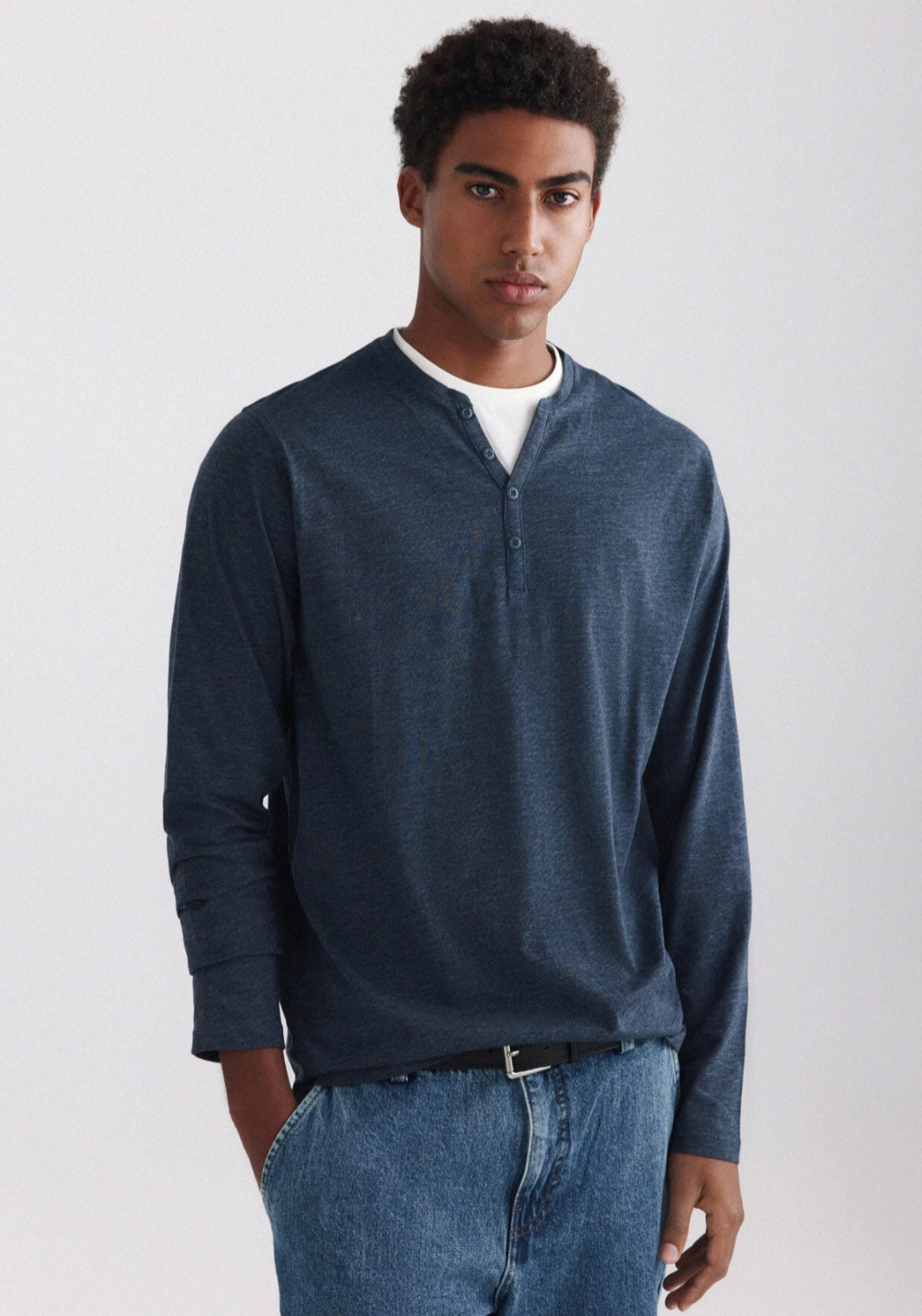 Stripe Mandarin Collar Tee - Blue
