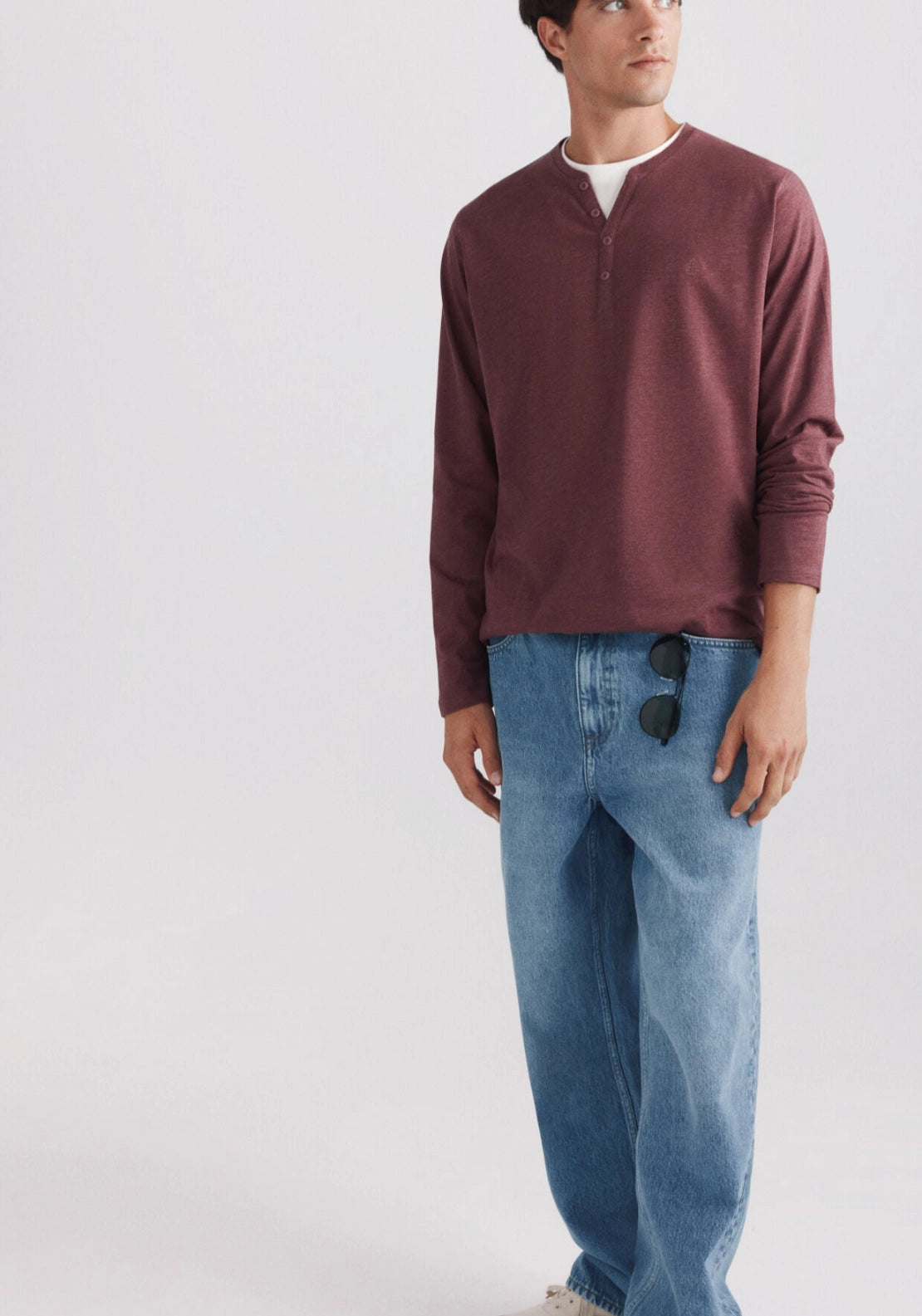 Stripe Mandarin Collar Tee - Red