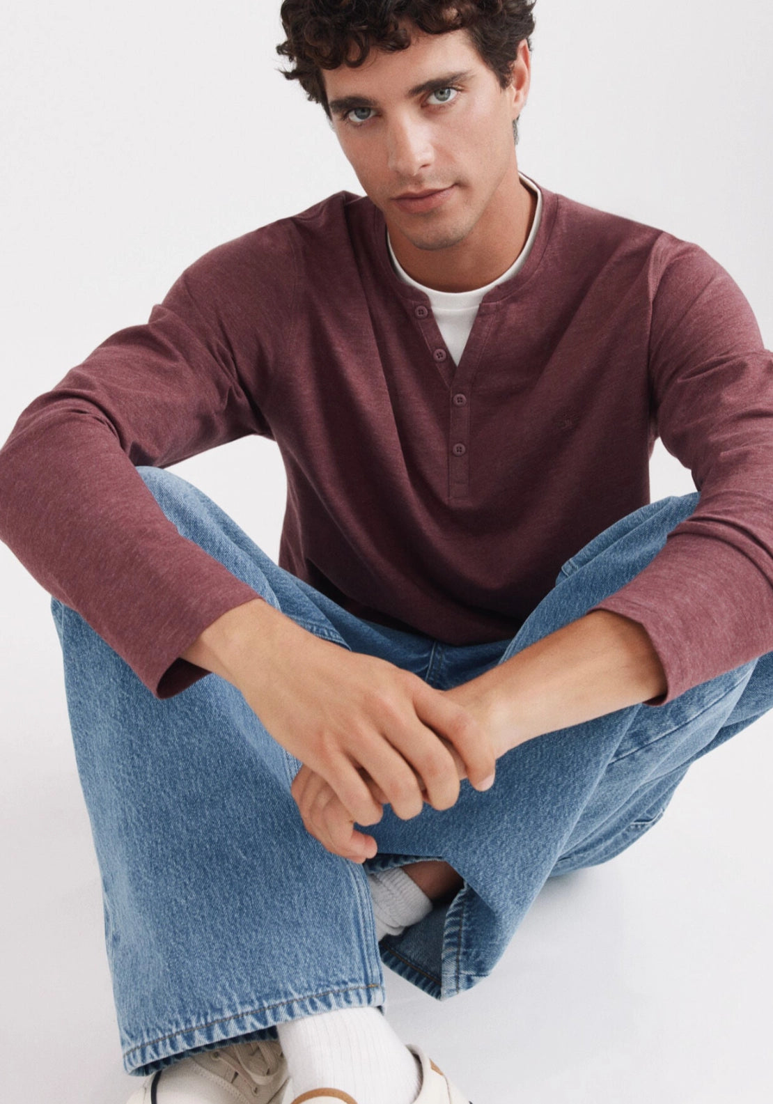 Stripe Mandarin Collar Tee - Red