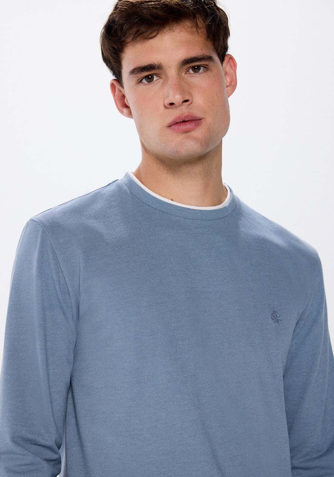 Springfield Double piqué long sleeve t-shirt - Blue 3 Shaws Department Stores