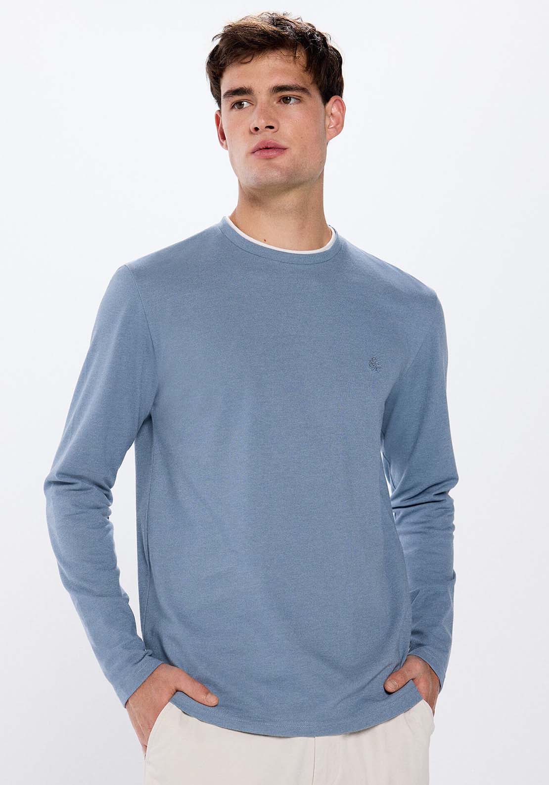 Springfield Double piqué long sleeve t-shirt - Blue 4 Shaws Department Stores