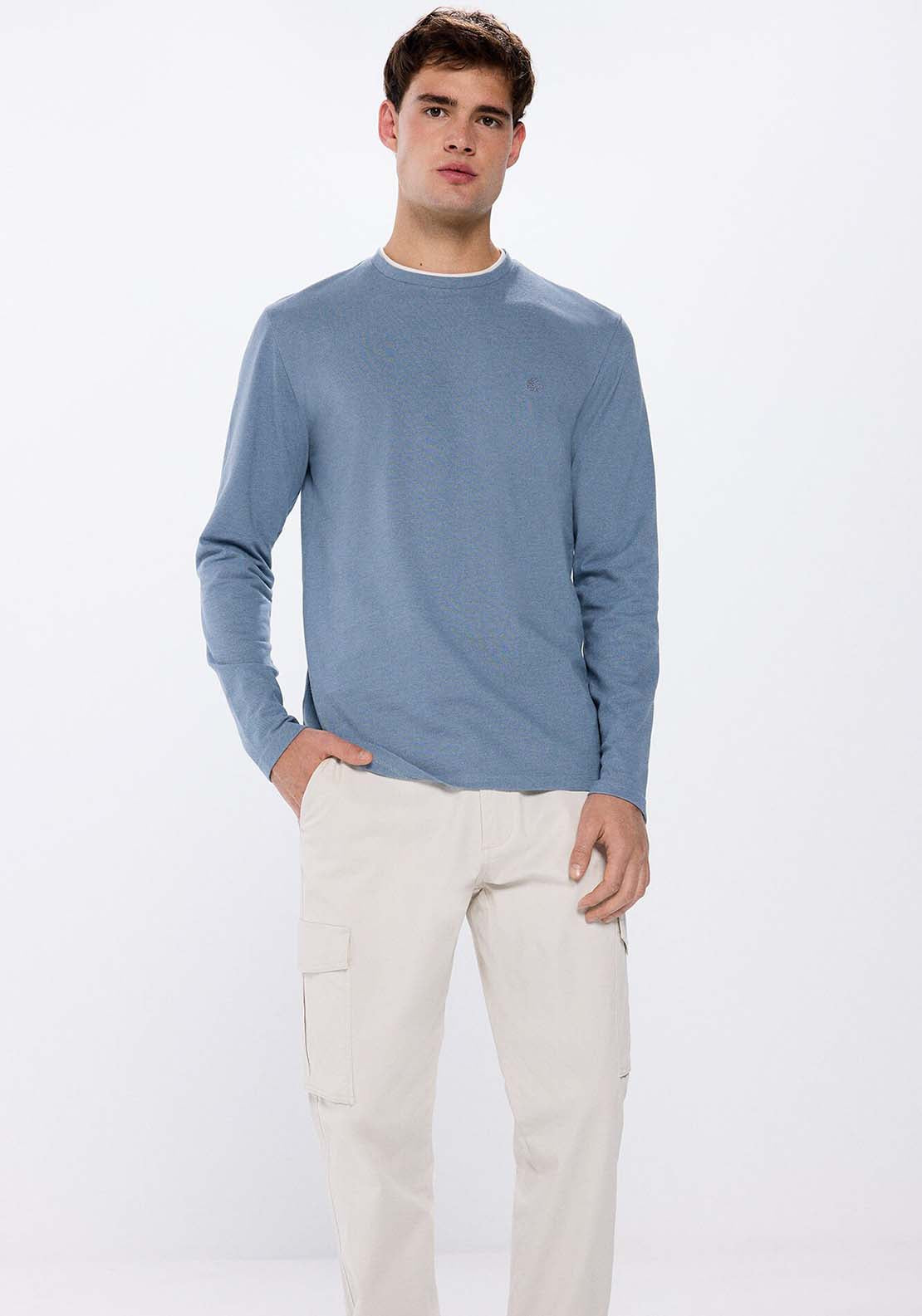 Springfield Double piqué long sleeve t-shirt - Blue 1 Shaws Department Stores