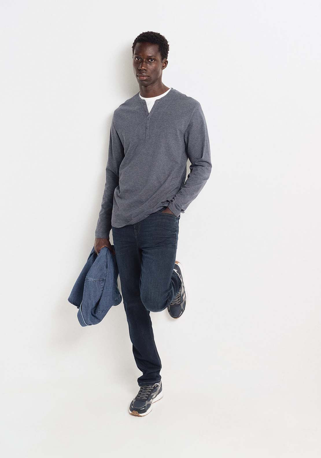 Springfield striped long sleeve T-shirt with Henley - Blue 5 Shaws Department Stores