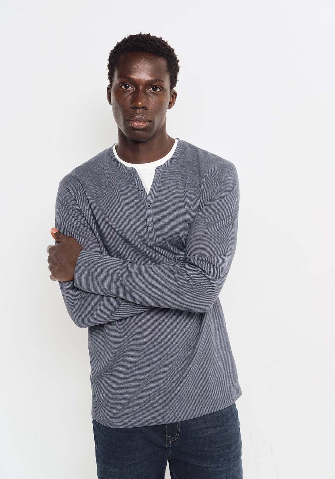 Springfield striped long sleeve T-shirt with Henley - Blue 1 Shaws Department Stores
