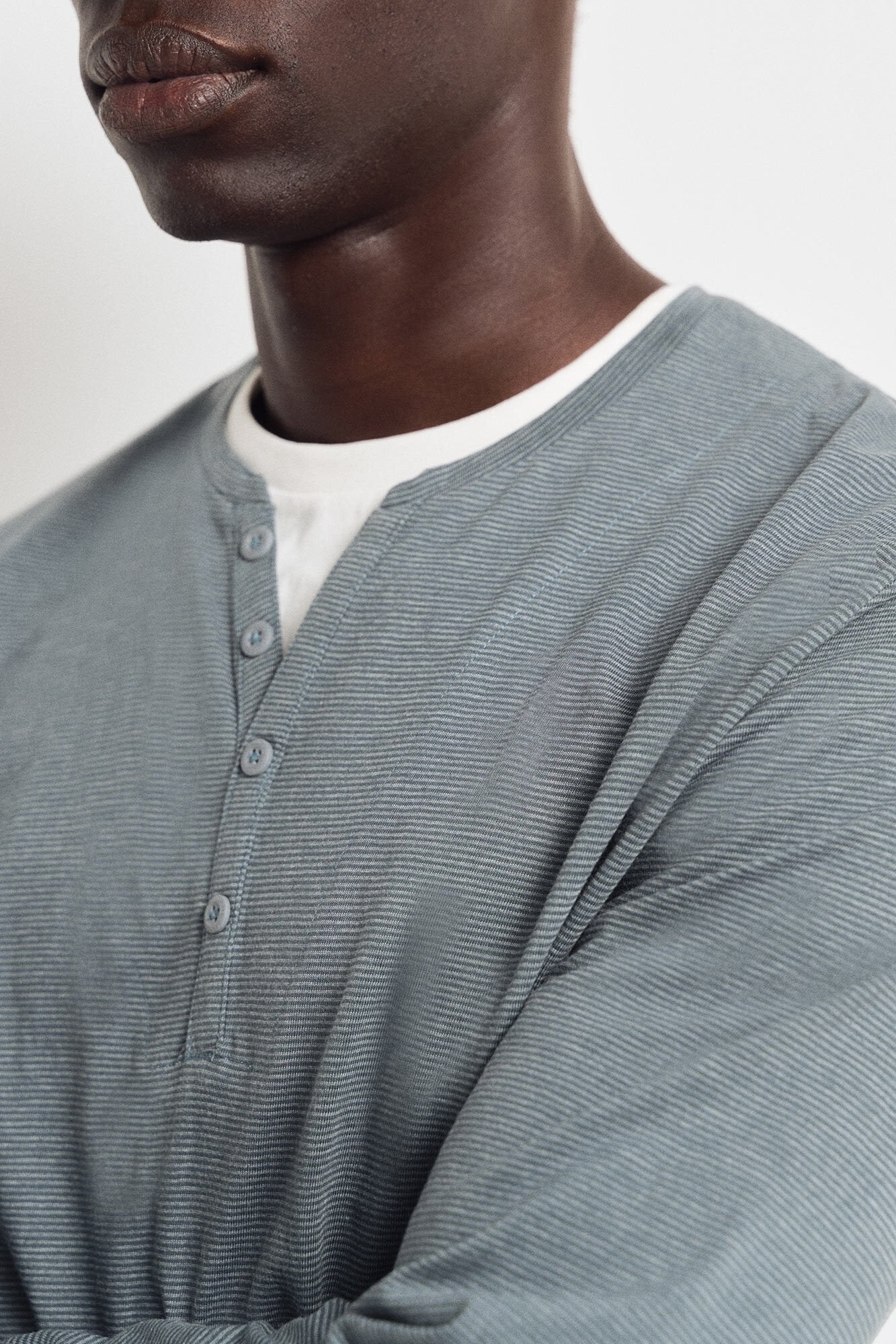 Springfield Long Sleeve Striped Henley T-Shirt - Blue 3 Shaws Department Stores