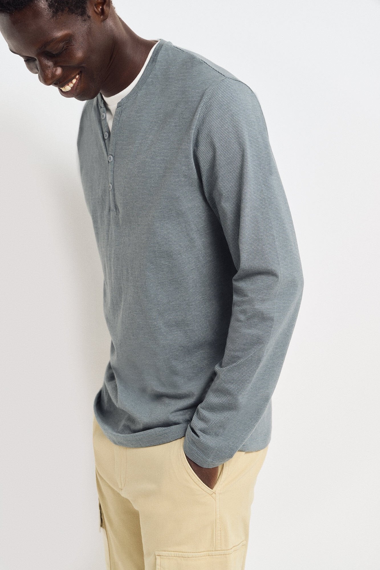 Springfield Long Sleeve Striped Henley T-Shirt - Blue 4 Shaws Department Stores