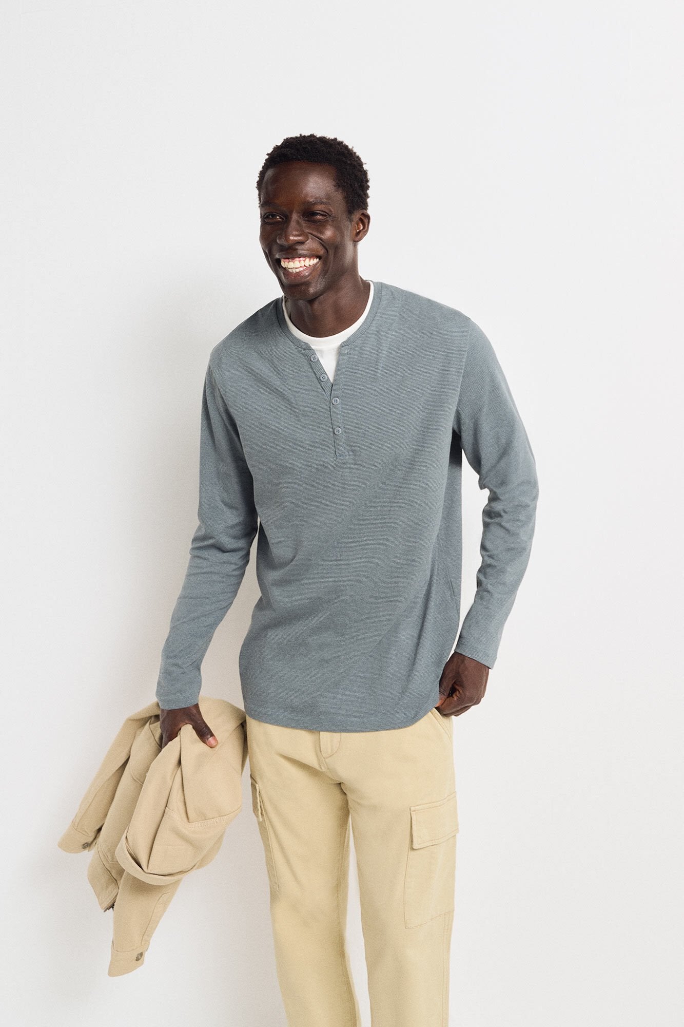 Springfield Long Sleeve Striped Henley T-Shirt - Blue 1 Shaws Department Stores