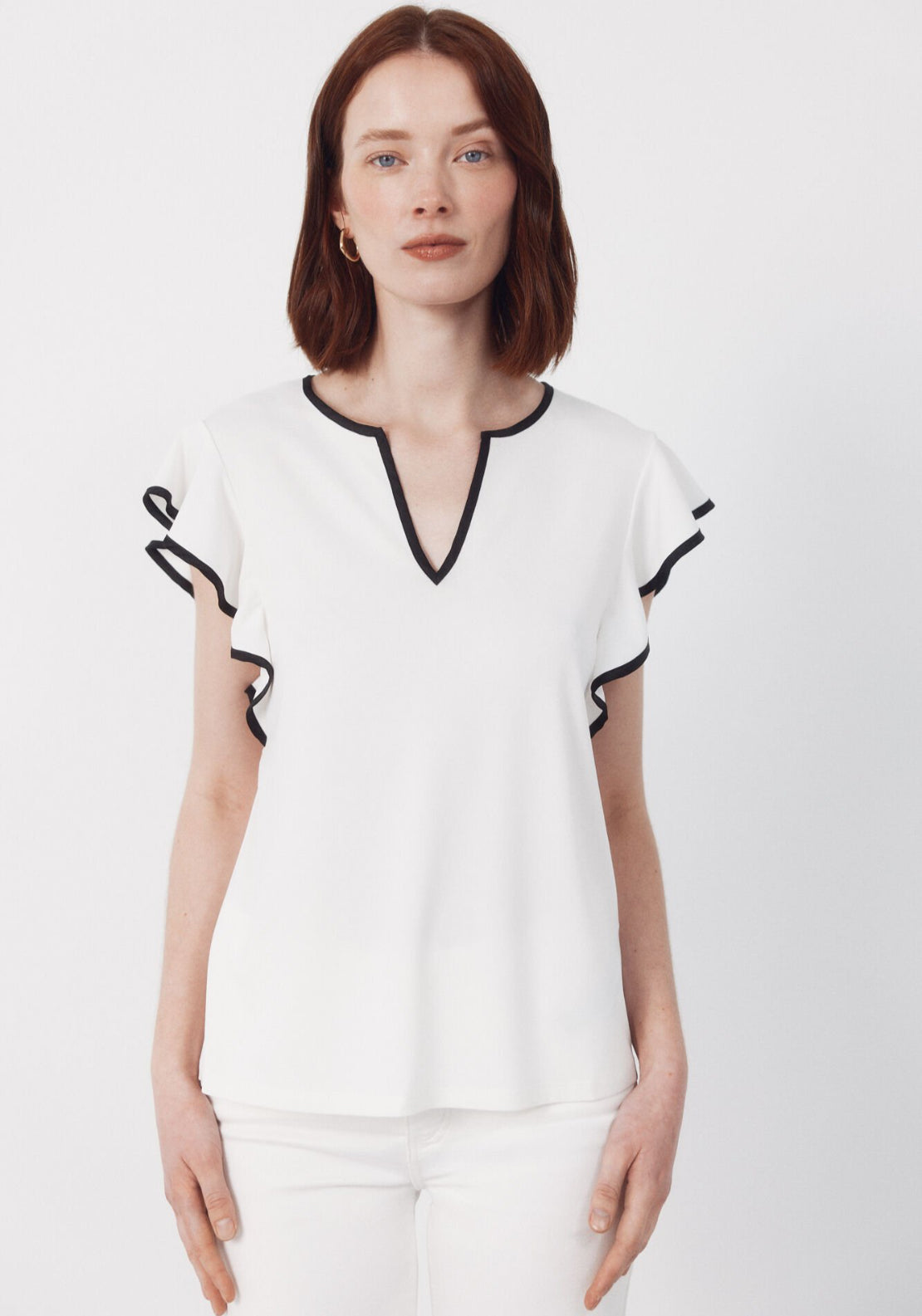 Cortefiel Contrasting Piping Jersey-Knit Top - White 1 Shaws Department Stores