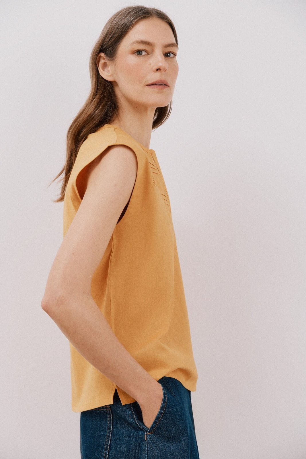 Cortefiel Linen Combination Top - Yellow/gold 3 Shaws Department Stores