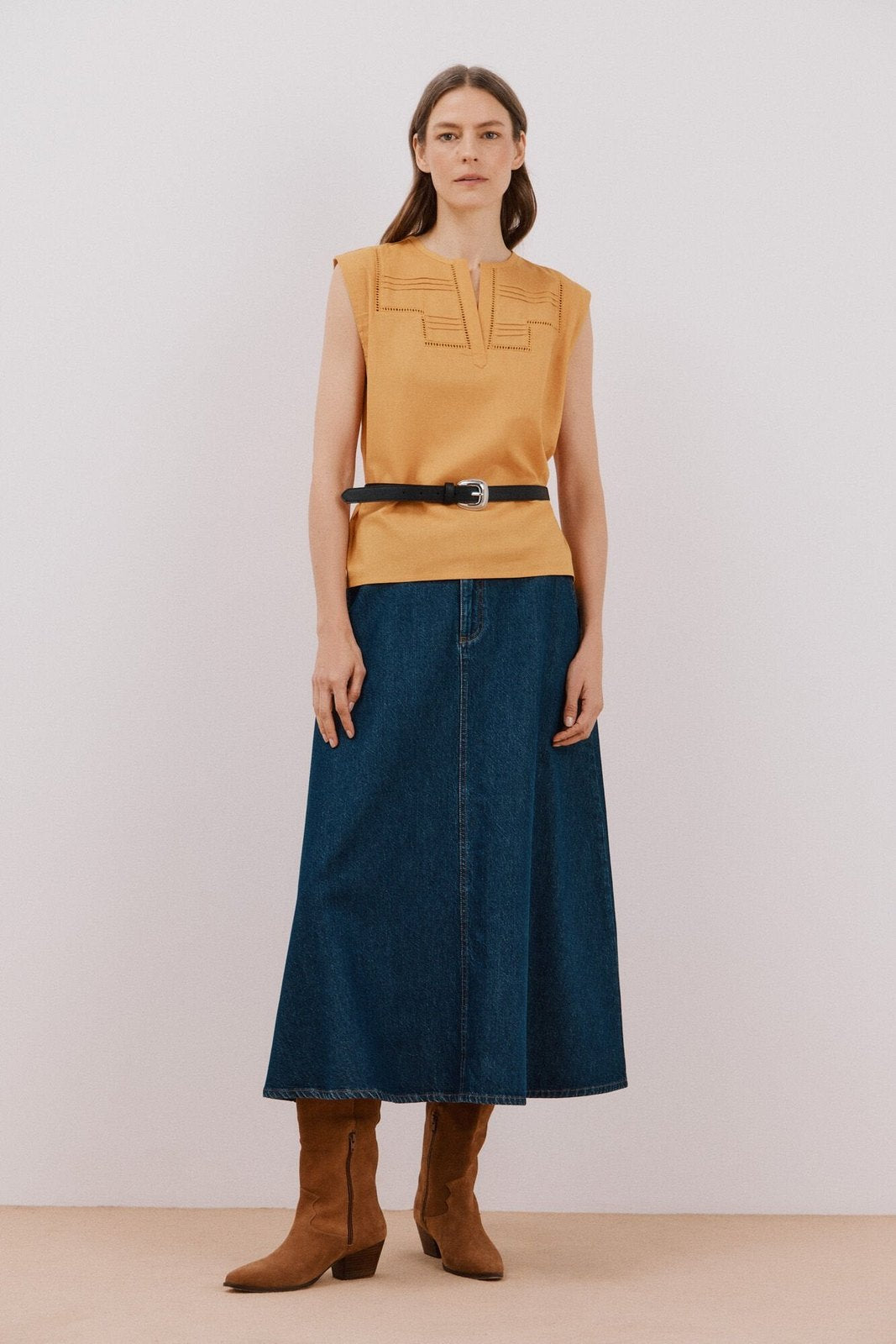 Cortefiel Linen Combination Top - Yellow/gold 1 Shaws Department Stores