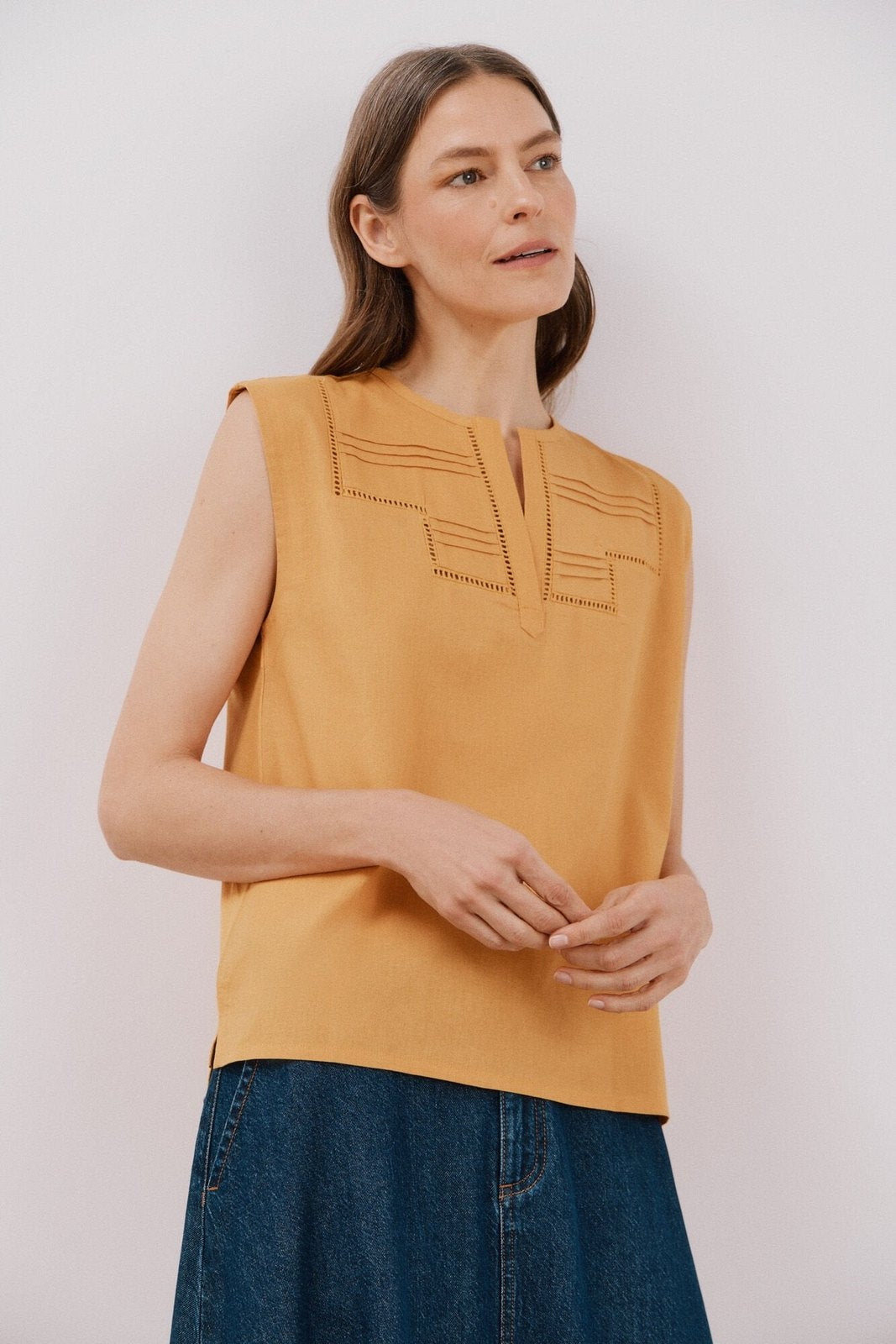 Cortefiel Linen Combination Top - Yellow/gold 2 Shaws Department Stores