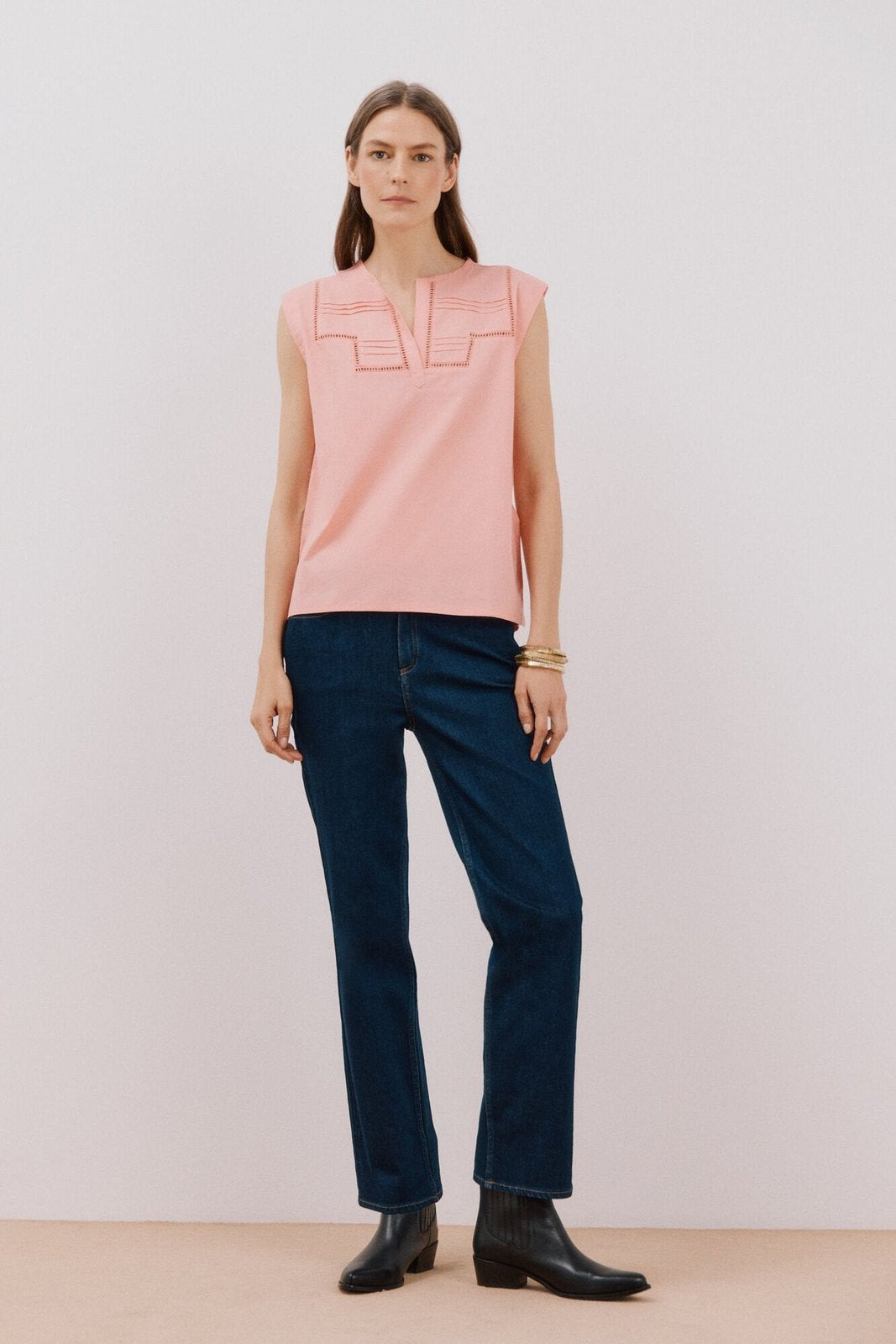 Cortefiel Linen Combination Top - Coral 3 Shaws Department Stores