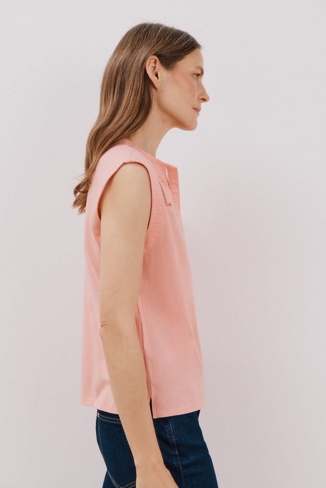 Cortefiel Linen Combination Top - Coral 5 Shaws Department Stores