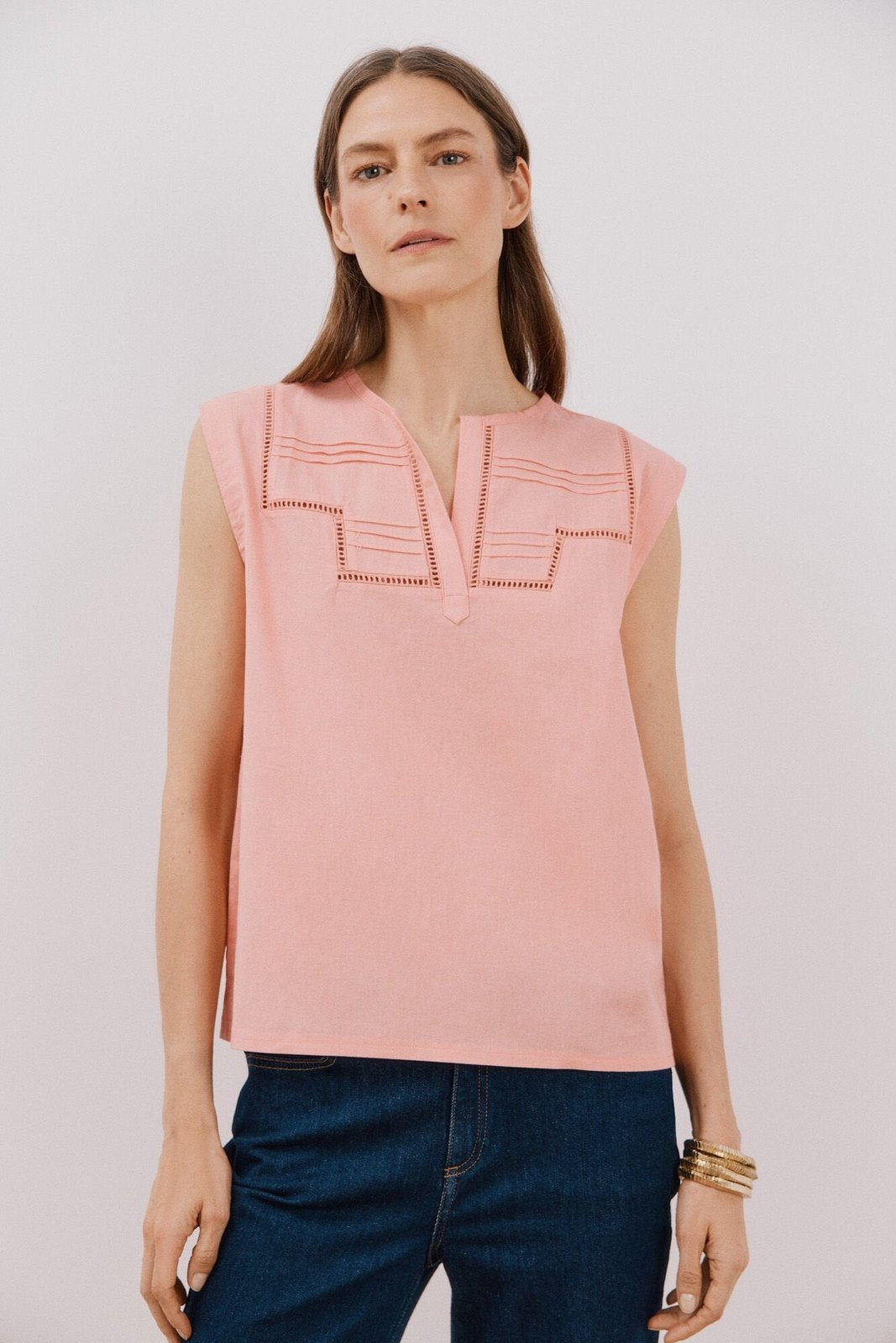 Cortefiel Linen Combination Top - Coral 1 Shaws Department Stores