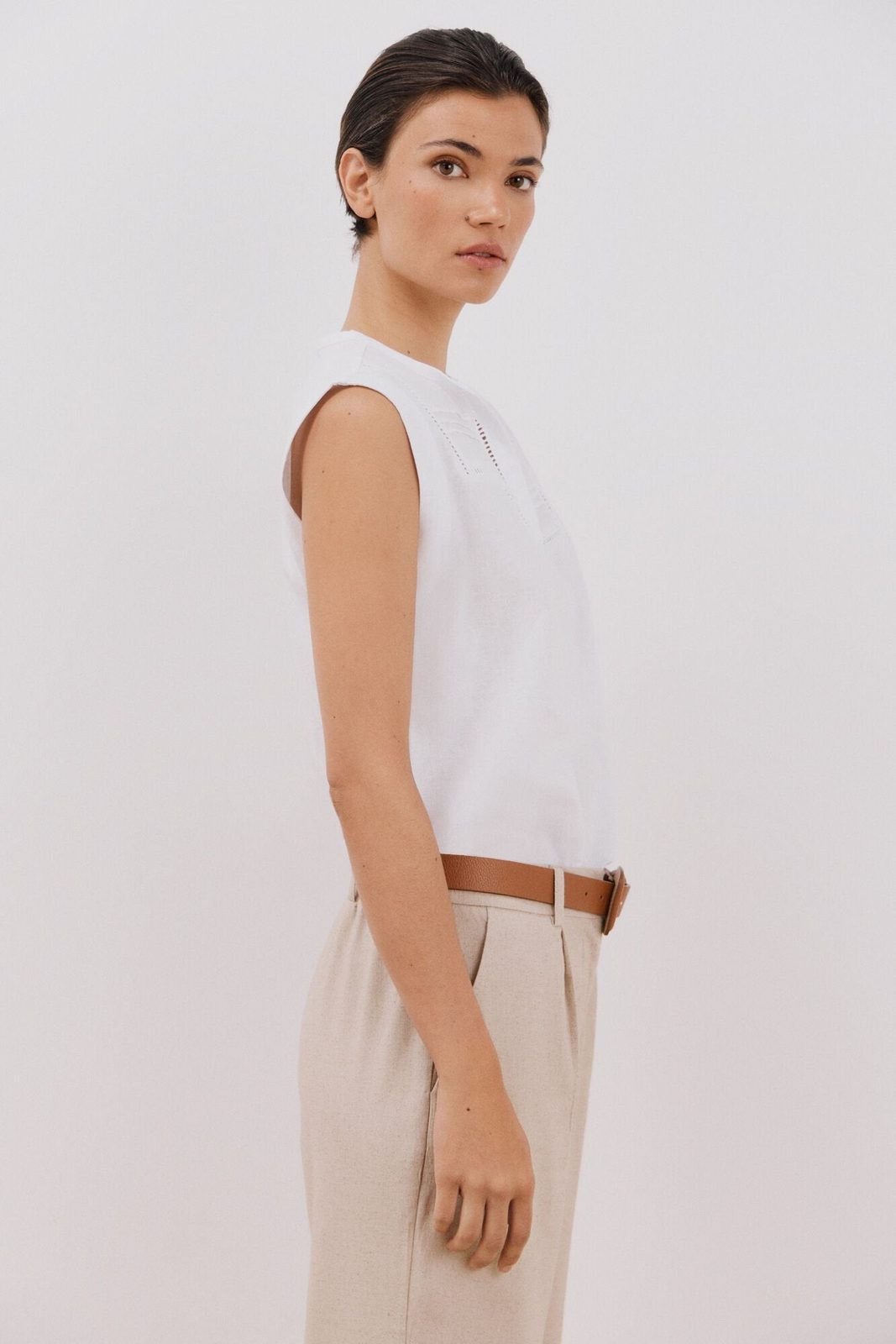 Cortefiel Linen Combination Top - White 3 Shaws Department Stores