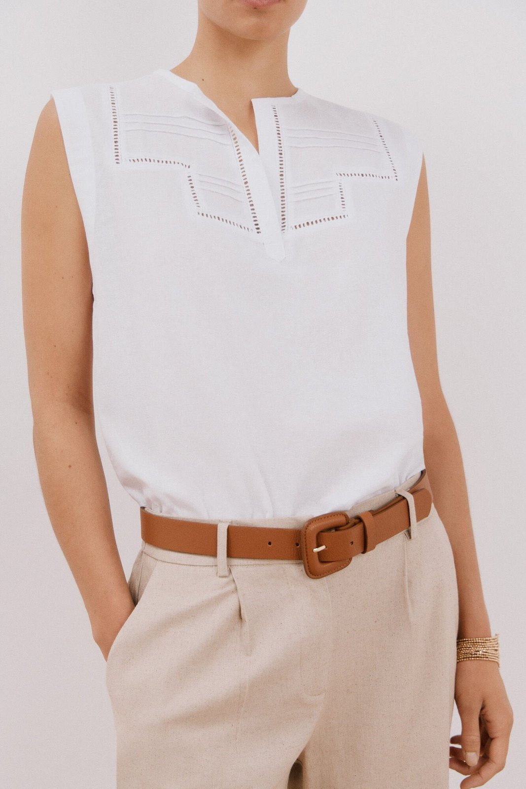 Cortefiel Linen Combination Top - White 2 Shaws Department Stores
