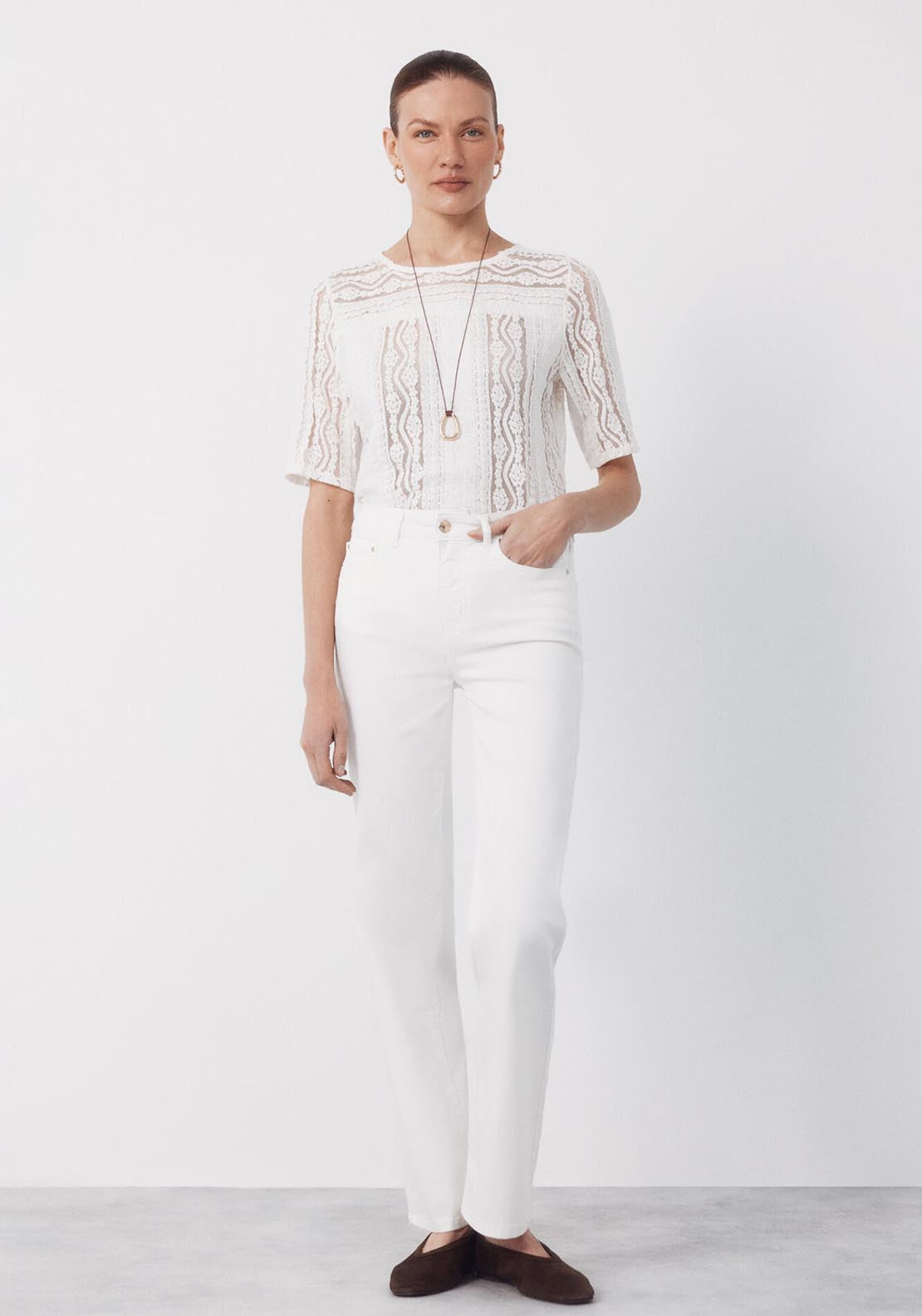 Cortefiel Round Neck Lace Top - White 6 Shaws Department Stores