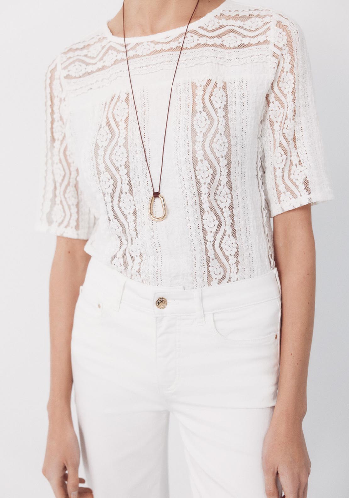 Cortefiel Round Neck Lace Top - White 4 Shaws Department Stores