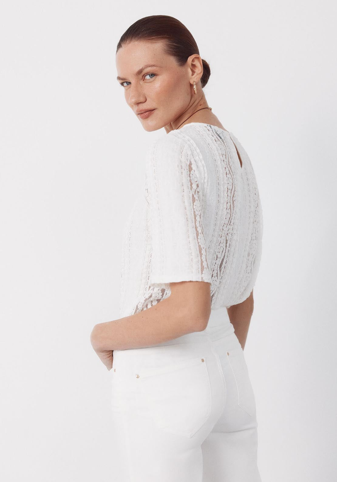Cortefiel Round Neck Lace Top - White 3 Shaws Department Stores