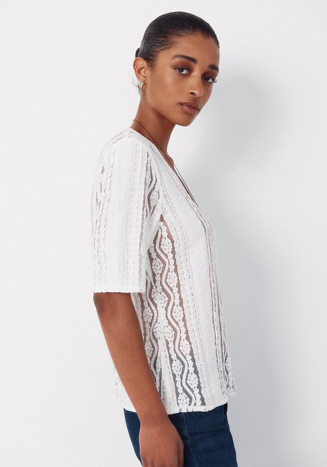 V Neck Lace Fabric Top - White