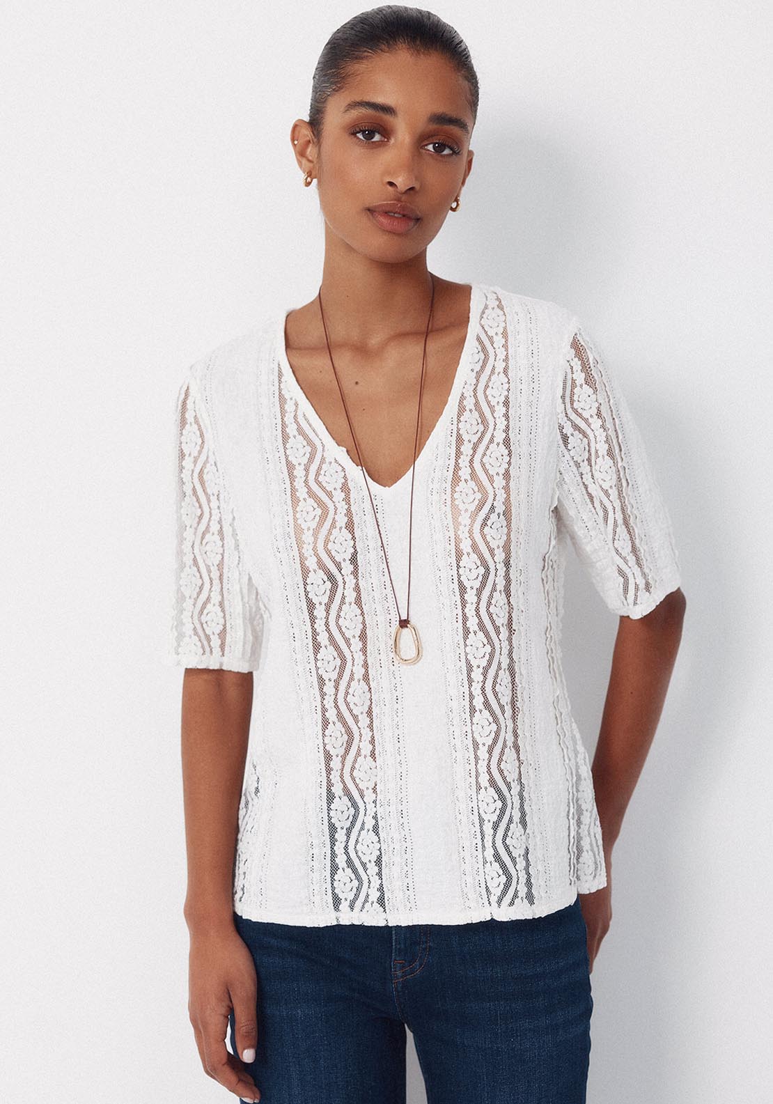 V Neck Lace Fabric Top - White