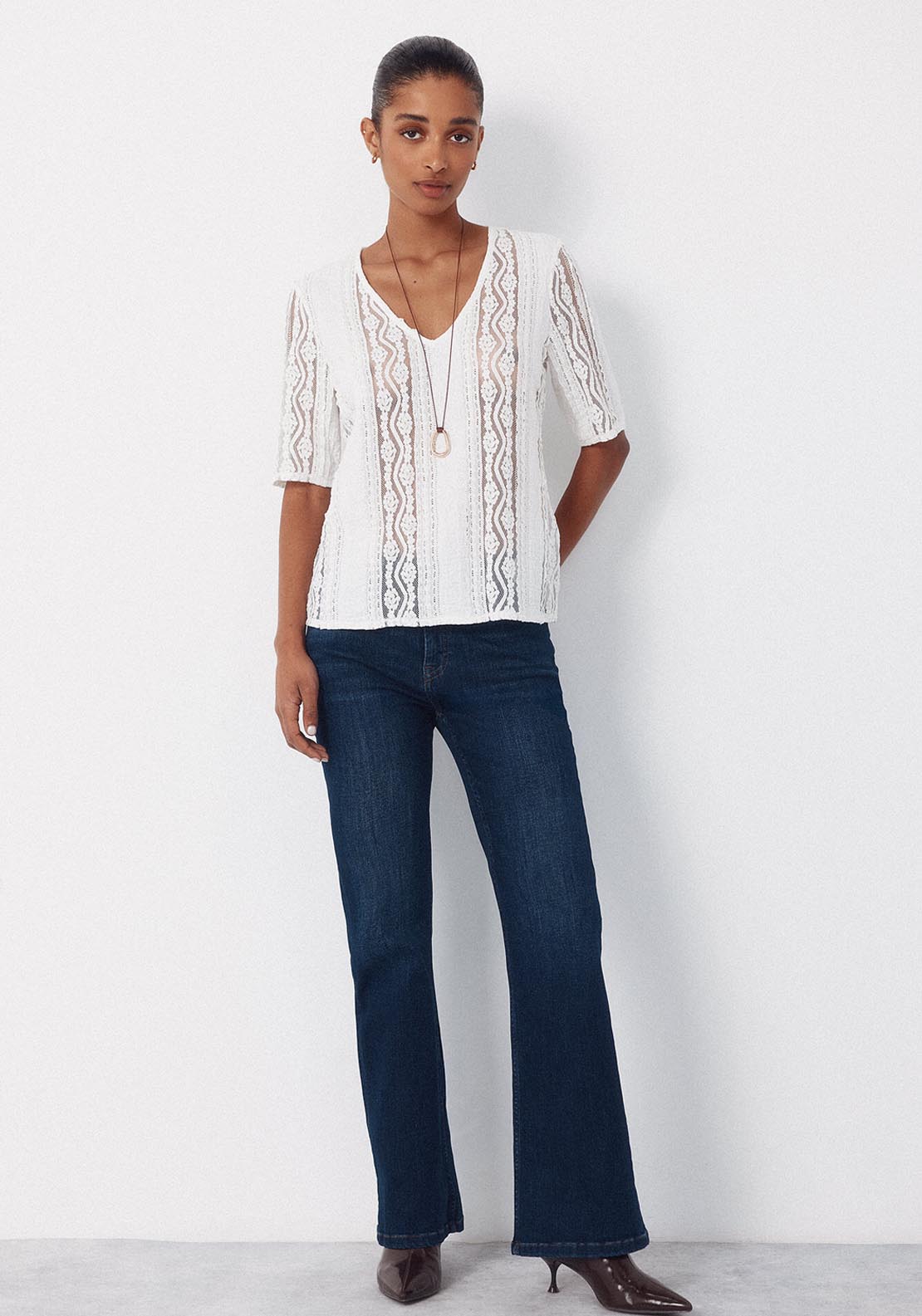 V Neck Lace Fabric Top - White