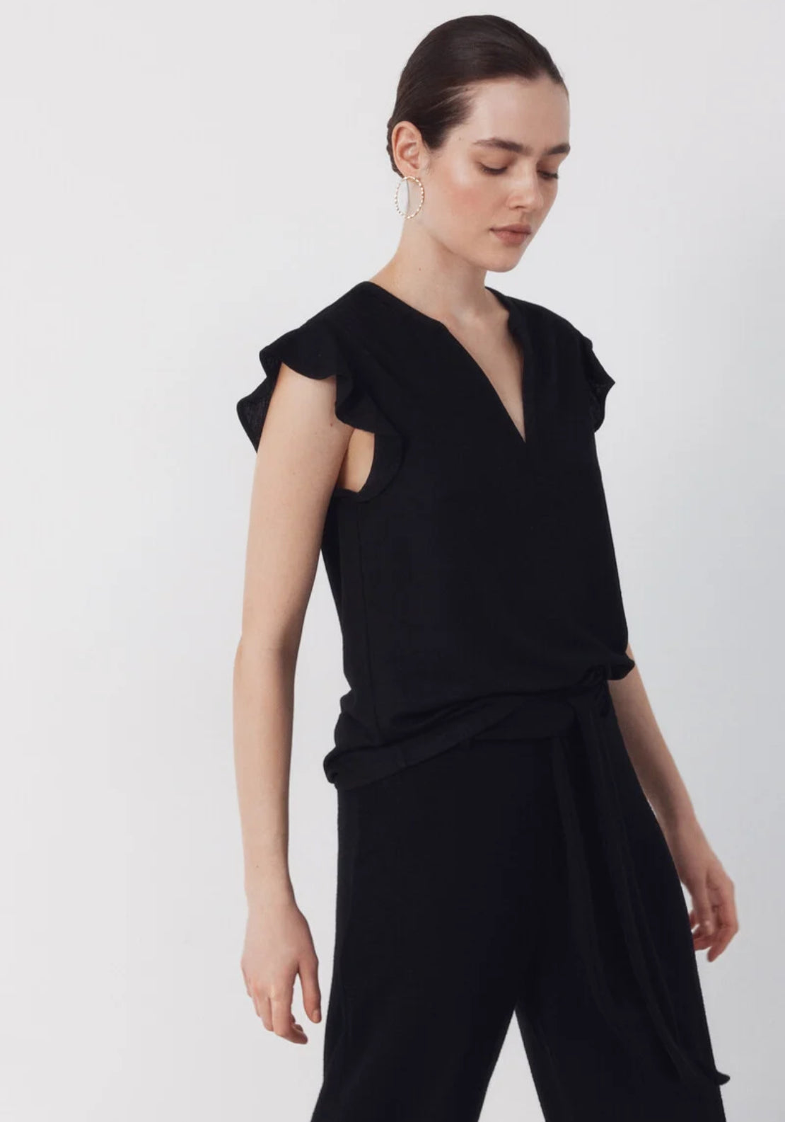 Cortefiel Flounced Sleeve T Shirt - Black 3 Shaws Department Stores